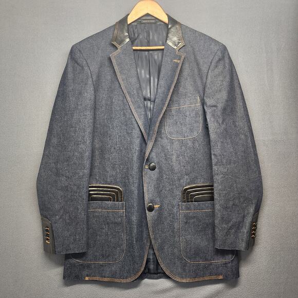 Il Canto Mens Denim Sport Coat Blazer Jacket 42 R Blue Faux Leather Trim Vintage